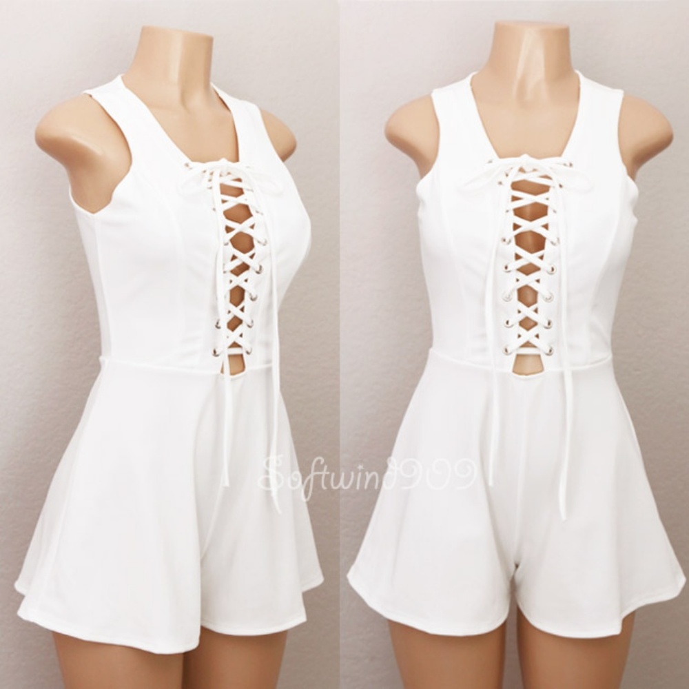 Ivory White Plunge Laced Up Stretchy Sexy Romper - Picture 2 of 8